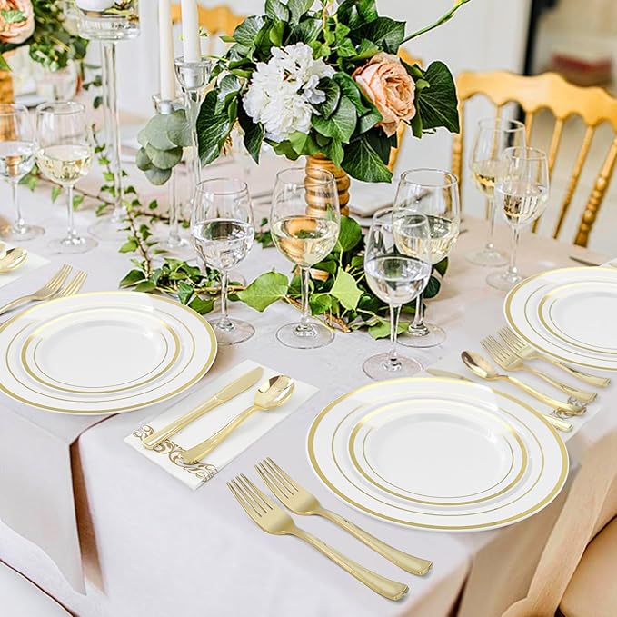 BESTVIP 50PCS 7 Inch Gold Plastic Plates, Disposable Dessert Plate with Gold Rim, Small Heavy Duty Disposable Plastic Plates for Party, Wedding and Birthday, Christmas, Thanksgiving