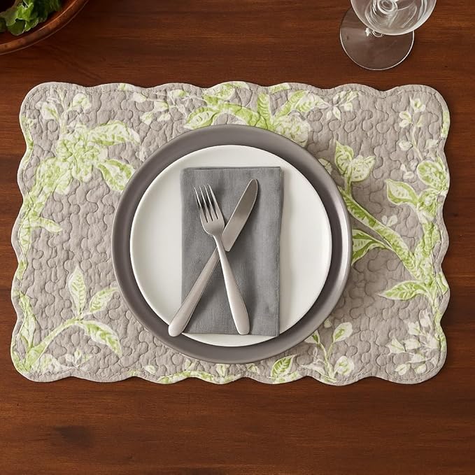 C&F Home Julia Reversible Scalloped Quilted Vintage Floral Flower Themed Jacobean Dining Tabletop Placemats Set of 6 All Seasons Spring Summer Home Kitchen Dinner Table Décor Decoration S/6 Grey &