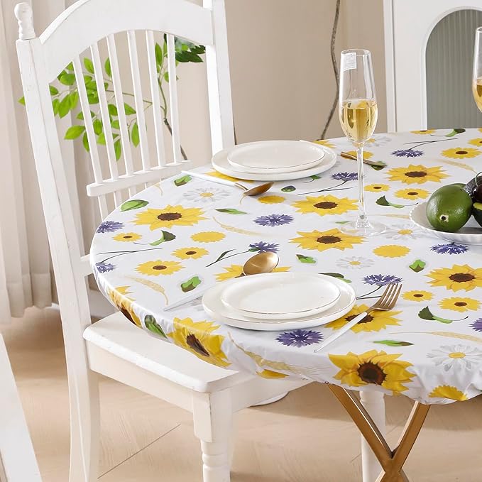 Walrus Round Vinyl Fitted Tablecloth with Flannel Backing Elastic Edge Design Table Cover Waterproof Oil-Proof PVC Table Cloth Stain-Resistant Best for 45"-56" Round