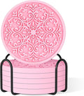 Drink Coasters, Coasters Set of 6 for Cup with Holder, Non-Slip Silicone Cup Mats for Hot and Cold Drinks, Cute Absorbent Coffee Bar Accessories Table Decor, Pink