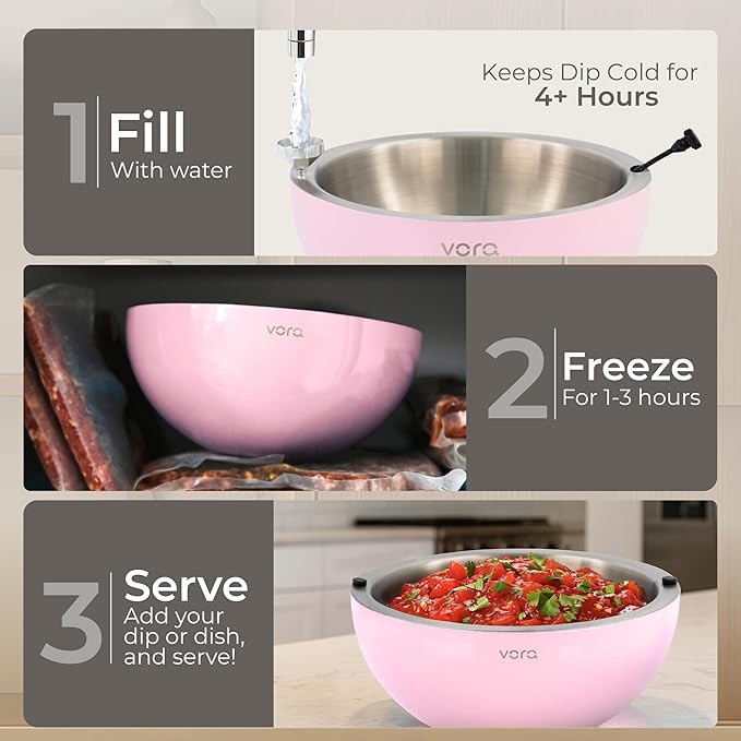 Vora 35oz Stainless Steel Chilled Serving Bowl - 1 Pack Insulated Serving Bowl with Anti Slip Base, Funnel & Plugs to Keep Dips, Salads & Appetizers Cold - Ice Bowls to Keep Food Cold for Parties