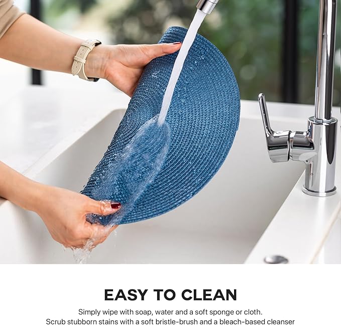 Round Placemats Set of 8 Plastic Woven Placemats Washable Wipeable Table Mats for Dining Table Heat Resistant Non-Slip Circle Place Mats (Royal Blue)