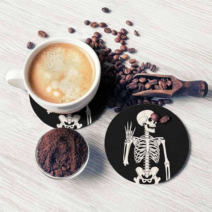 Human Skeleton Posing Drink Coaster for Tabletop Protection Happy Skeleton Rock Skull Non-Slip Cups Place Mats Home Decor Diatomite Material for Men Women