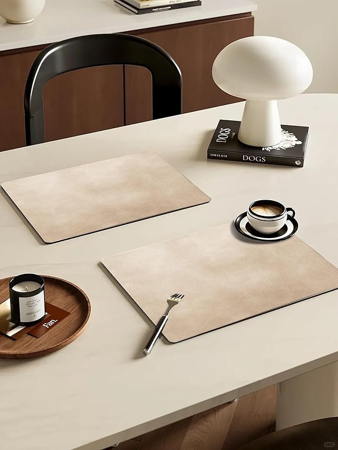 Cowhide Pattern PU Leather Placemats Set of 6 Heat Resistant Kitchen Table Mats, Non-Slip Dining Table Decorations, Double-Sides Waterproof Wipeable Place mats(Beige)
