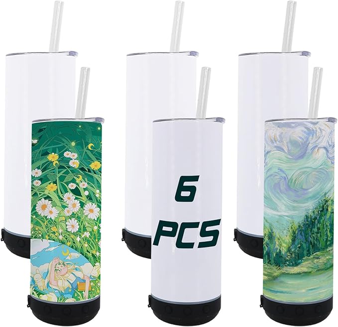 6pack 20oz cups Bluetooth Tumbler with Straw and Lid, Double-Wall Stainless Steel Vacuum Insulation Sublimation Tumbler Blank, RemovableRechargeable Bluetooth Wireless Speaker （Black）