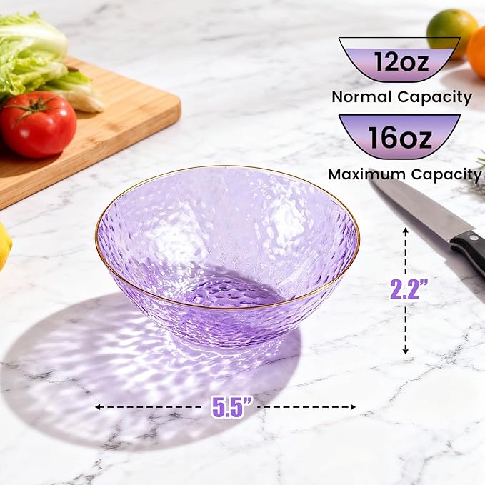 Rubtlamp 30 Pack Clear Purple Disposable Bowls, Clear Plastic Bowls with Gold Rim, 12-16oz Premium Heavy Duty Plastic Dessert Bowls, Purple Disposable Bowls, for Party