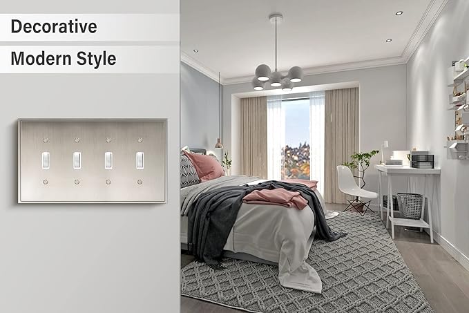 Henne Bery Soft Modern Decorative Wall Plate Switch Plate Outlet Cover (Quad Toggle, Satin Nickel)
