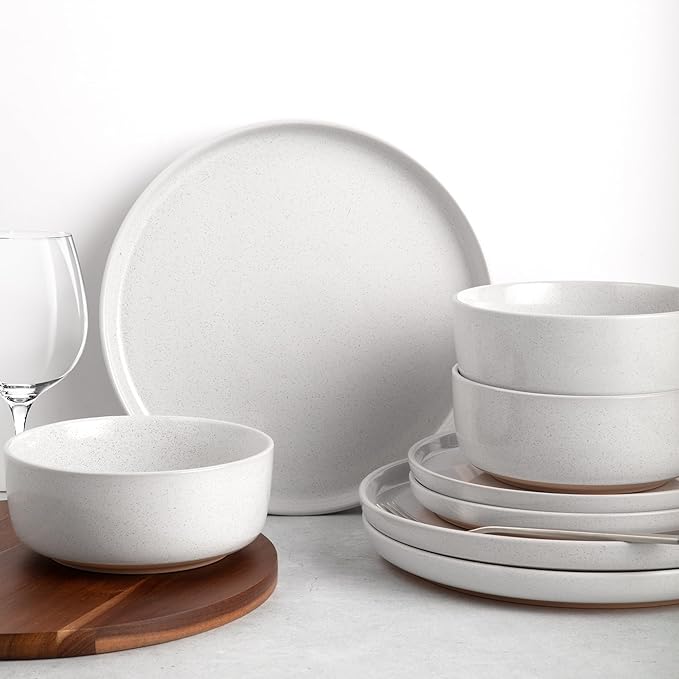 Zulay Kitchen Terra Stoneware 32-Piece Dinnerware Set, Artisanal Ceramic Plates and Bowls Set Crafted at 2300℉ - Service for 8, Speckled White