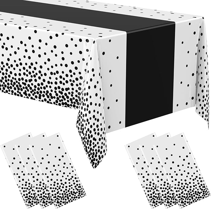 Oudain 6 Pcs White and Black Tablecloth for Parties Plastic Dot Tablecloths Printed Table Runner Waterproof Disposable Rectangle Table Cover for Christmas Birthday Wedding Party, 54" x 108"