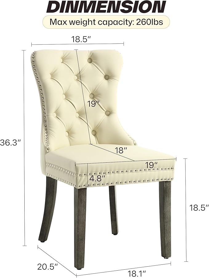 KCC Faux Leather Dining Chairs Set of 2, Upholstered High-end Tufted Dining Room Chair with Nailhead Back Ring Pull Trim Solid Wood Legs, Contemporary Nikki Collection Modern Style for Kitchen, Beige