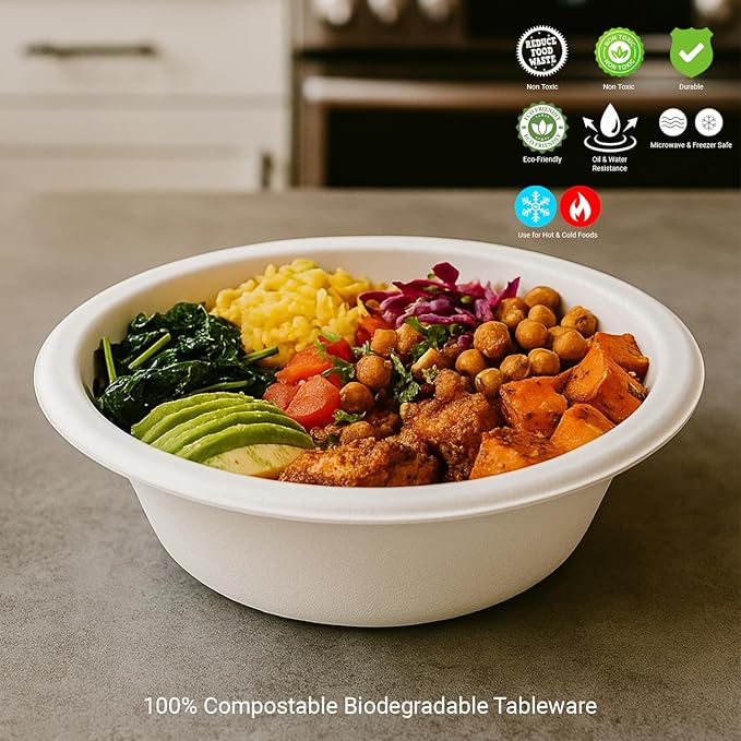 6 oz. Compostable Bowls [100-Pack] – Eco-Conscious Soup Bowls Made from Sugarcane Bagasse Fiber – Heavy-Duty, Microwave & Refrigerator Safe – Ideal for Parties, Snacks & Everyday Meals (6 oz [160ml])