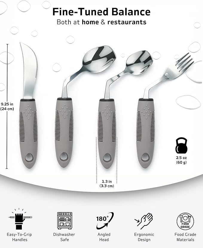 4-Piece Adaptive Utensils Set with Rocker Knife & Shovel Spoon - 42° Angled Parkinsons Utensils, 2.5 oz Weighted Silverware for Hand Tremors and Arthritis, Adaptive Eating Utensils (Grey Left-Handed)