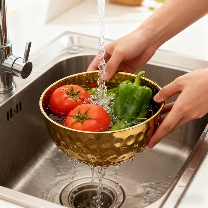 Gold Mixing Bowls Set of 5, Stainless Steel Mixing Bowls, Metal Nesting Salad Bowls Kitchen Food Storage Containers for Cooking, Baking, Prepping Christmas Serving, No Lids, 1.6/2/3.2/4.2/4.9 QT