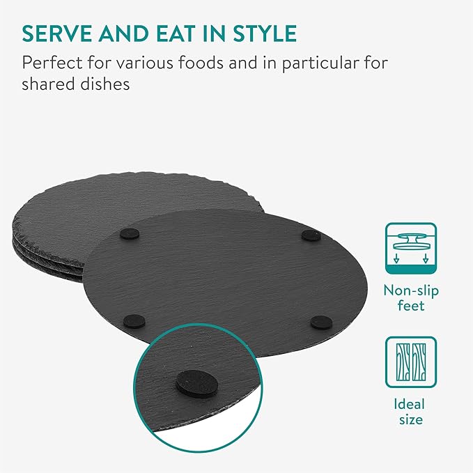 Navaris Slate Plates - Food Contact Safe Black Stone - Cheese Platter Serving Charcuterie Boards - Round Slate Tray Slab Plate Cheese Board - Set of 4 11" Plates (28 cm)