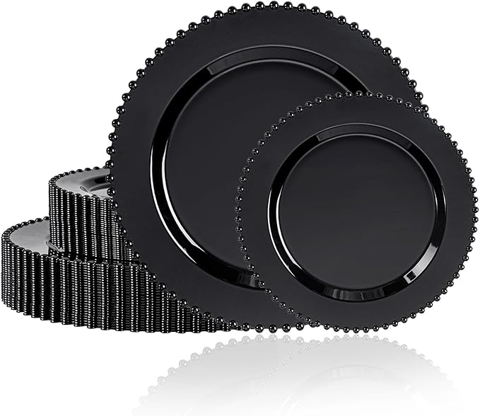U-QE 60PCS Black Plastic Plates - Heavy Duty Black Disposable Plates Including 30PCS 10.25'' Dinner & 30PCS 7.5'' Dessert Plates -Hard Plastic Plate for Party Wedding Bridal Shower