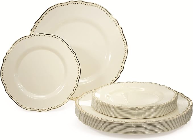 " OCCASIONS " 240 Plates Pack,(120 Guests) Heavyweight Premium Disposable Plastic Plates Set -120 x 10.25'' Dinner + 120 x 7.5'' Salad/Dessert (Rochelle Ivory and Gold)