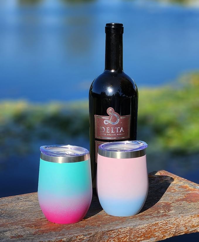 CHILLOUT LIFE 12 oz Stainless Steel Wine Tumbler with Lid - Double Wall Vacuum Insulated Wine Cup Glass Keeping Cold & Hot for Coffee, Champagne, Cocktails, Ice Cream - Powder Coated Pink/Teal