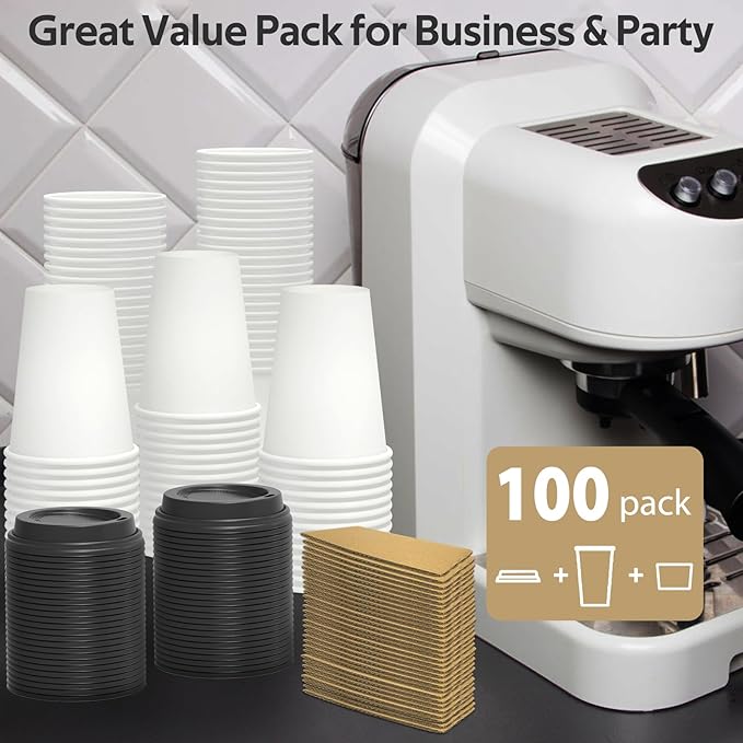 100 Pack 12 oz Disposable Coffee Cups with Lids and Sleeves, Sturdy Thick Paper & Leak-free Insulated to Go Paper Hot Coffee Cups with Sip Lids for Hot & Cold Beverage | with Lids, and Sleeves, Sturdy, Leak-free, Insulated, to Go Coffee Cups