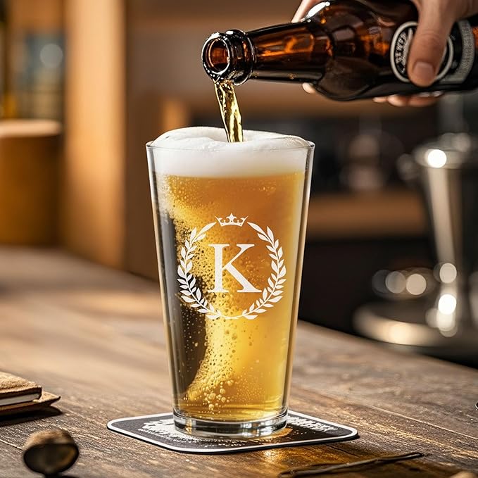 Personalized Beer Glasses Gifts for Men, 16 oz Pint Glasses Monogrammed A-Z Drinking Glass Cups Customized Gift, Unique Christmas Anniversary Birthday Gifts for Men Him Dad Brother Husband Grandpa (K)