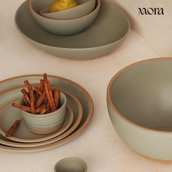 MORA Medium Plates Set of 4, 8.5 inch Ceramic Pottery Salad Plates - Microwave, Oven and Dishwasher Safe - Thyme