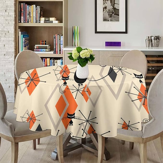 Retro Boho Modern Black Cat Round Tablecloth, Mid Century Boho Moon Abstract Geometric Leaf 50s 60s Style Tablecloth for Home Party Dining Room Kitchen Decor 36Inch(90cm)