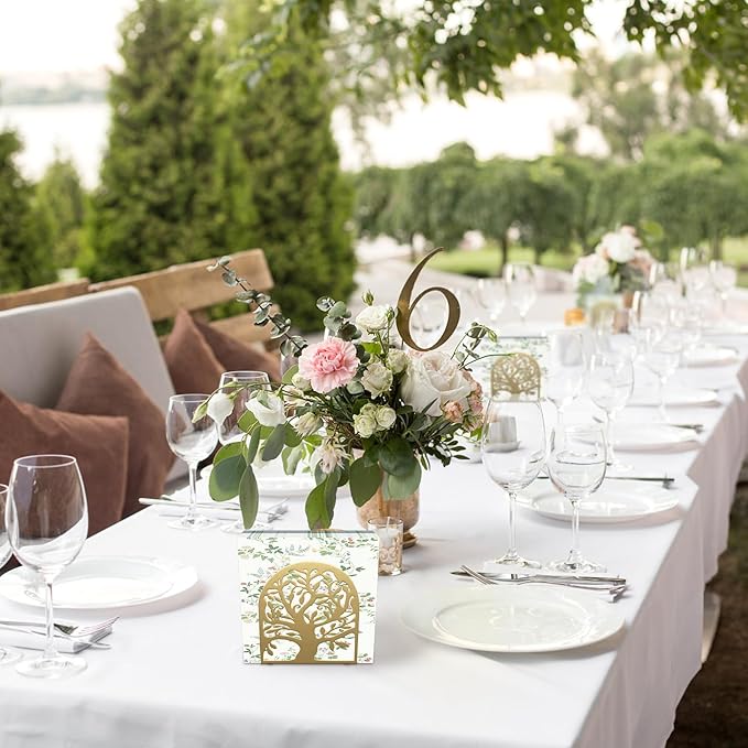 Tree of Life Gold Metal Napkin Holder, Upright Metal Tabletop Napkin Holder with Cushioned Base for Kitchen & Dining Table.