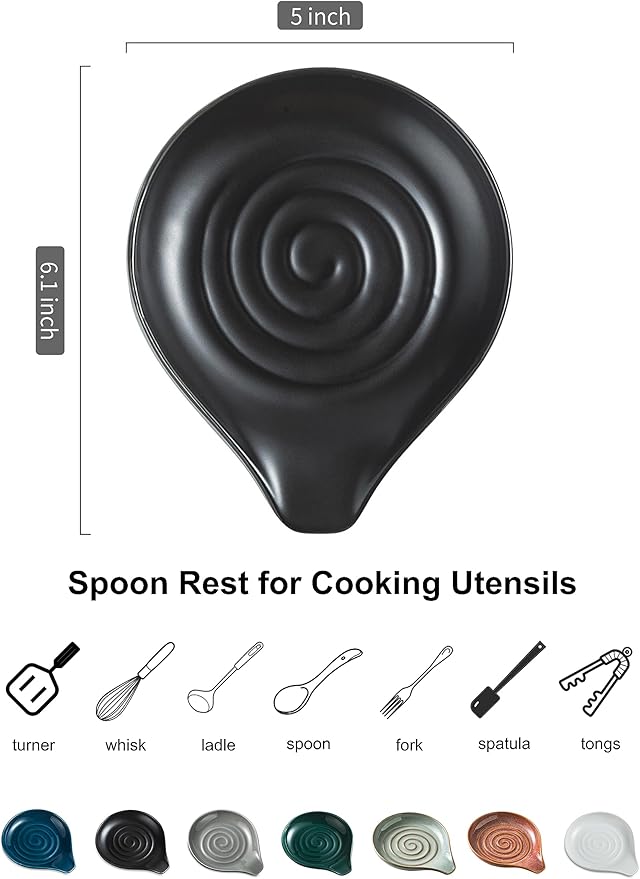 LAUCHUH Spoon Rest for Stove Top, 5 inch Cooking Spoon Holder for Kitchen Countertop Ceramic Ladle Holder for Spatula, Spoons or Tong, Heat-Resistant, Farmhouse Kitchen Decor, Black