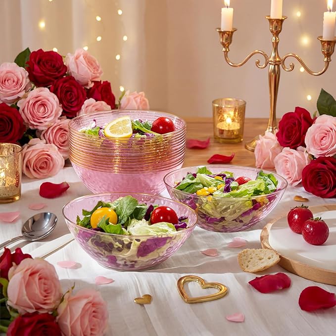 I00000 50 Pack 12 Ounce Pink Plastic Bowls Serving Bowls Hammered Clear Bowl with Gold Rimmed, Heavy Duty Disposable Bowl Set,Small Bowls for Valentine's Day Party