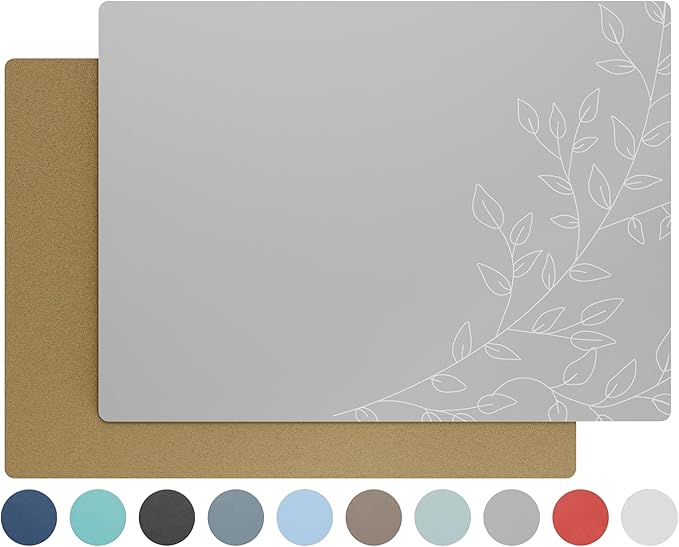 Royalty Art Silver Grey Boho Placemats, 4 Pc. Set, Non-Slip Cork Backed, Wipeable Heat Resistant Surface for Kitchen and Dining Table Protection, Cute Floral Pattern for Farmhouse or Rustic Decor