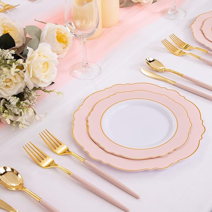 Rubtlamp 90Pcs Gold Plastic Silverware, Valentine's Day Utensils Set With Pink Handles Include 30 Gold Knives, 60Plastic Forks and Spoons, Pink Silverware Heavy Duty For Mother's Day