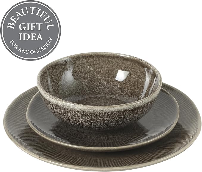 Gibson Elite Sandy Pines Stoneware Plates and Bowls Set - 12 Piece Reactive Glaze Dinnerware Set - Service for 4 - Dishwasher and Microwave Safe - Brown
