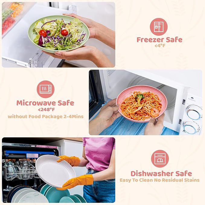 MISS BIG Wheat Straw Plates 8 inches,Plastic Plates Reusable Set of 8,Dinner Plates for Kids&Adults,Dishwasher & Microwave Safe,Eco-Friendly,BPA Free with 4 Colors