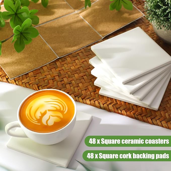 Zopeal 96 Pcs Ceramic Tiles for Crafts Coasters Include Unglazed White Ceramic Tiles with Cork Backing Pads Use with Alcohol Ink Acrylic Pouring for DIY Project Gift (Square)