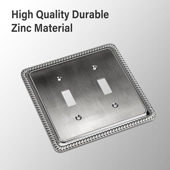 Henne Bery Rope Edge Decorative Wall Plate Switch Plate Outlet Cover (Double Toggle, Heirloom Silver)