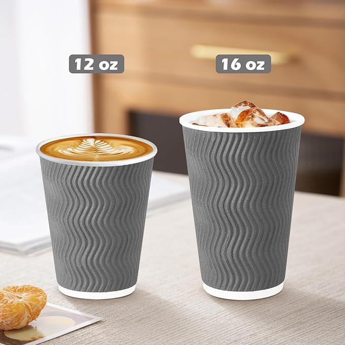 500 Pack 12 oz Coffee Cups, Disposable Corrugated Insulated Ripple Wall Paper Coffee Cups 12oz for Hot or Cold Drinks Office Home Cafe Party Travel (Grey)