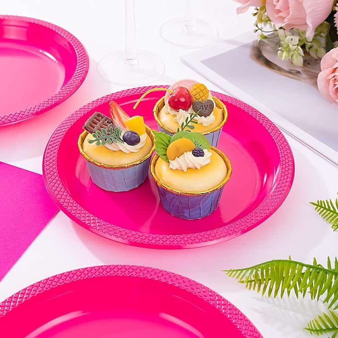 WELLIFE Hot Pink Party Plates 9 Inch -150 Count, Disposable Plastic Dinner Plates for Party Valentine's Day Girls' Birthday Baby Shower Wedding