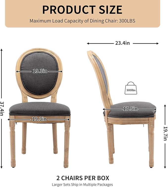 Vintage French Dining Chairs Set of 2, Round Back Accent Chairs with Linen Seat and Solid Wood Frame, Farmhouse Sillas de Comedor Upholstered for Dining Room & Kitchen, Gray