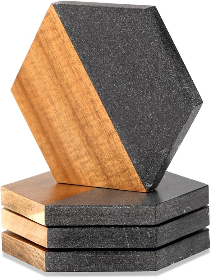 Wood Black Marble Coasters for Drinks, Modern Rustic Acacia Hexagon Coaster Set Decorative Bar Coaster for Coffee Wooden Table Beer Mug Christmas Housewarming Wedding Home Decor 4Pcs