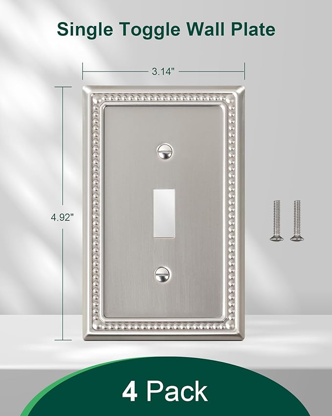 4-Pack Single Toggle Light Switch Cover Plate, Pearls Decorative Switch Plate Covers, Brushed Nickel 1 Gang Metal Wall Plate