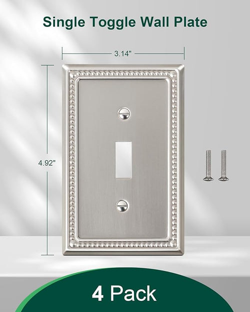 4-Pack Single Toggle Light Switch Cover Plate, Pearls Decorative Switch Plate Covers, Brushed Nickel 1 Gang Metal Wall Plate