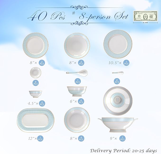 40 Pcs Fine Bone China Dinnerware Set, Porcelain & Ceramic Dinnerware Sets, Bone Stoneware & Ceramic Cookware Tableware Set Includes Dinner Plates|Spoons|Pasta Bowls|Soup Pot|Chopsticks