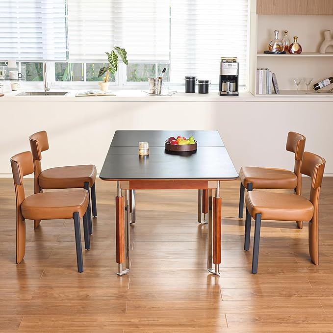 Brown Dining Chairs Set of 4,Faux Leather Dining Chairs with Soft Cushion,Comfortable Upholstered Armless Dining Room Chairs with Curved Plywood Back