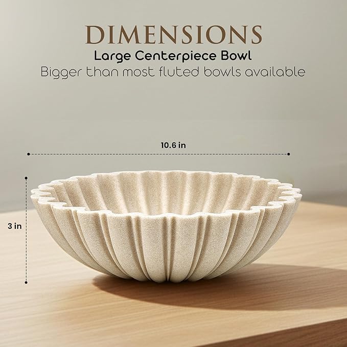 Modern Decorative Bowl for Home Decor - 10.6” Large Beige Resin & Sandstone Centerpiece Bowl for Entryway Table, Coffee Table, Kitchen Counter or Serving Fruit, Includes 10PCS Artificial Moss Rocks