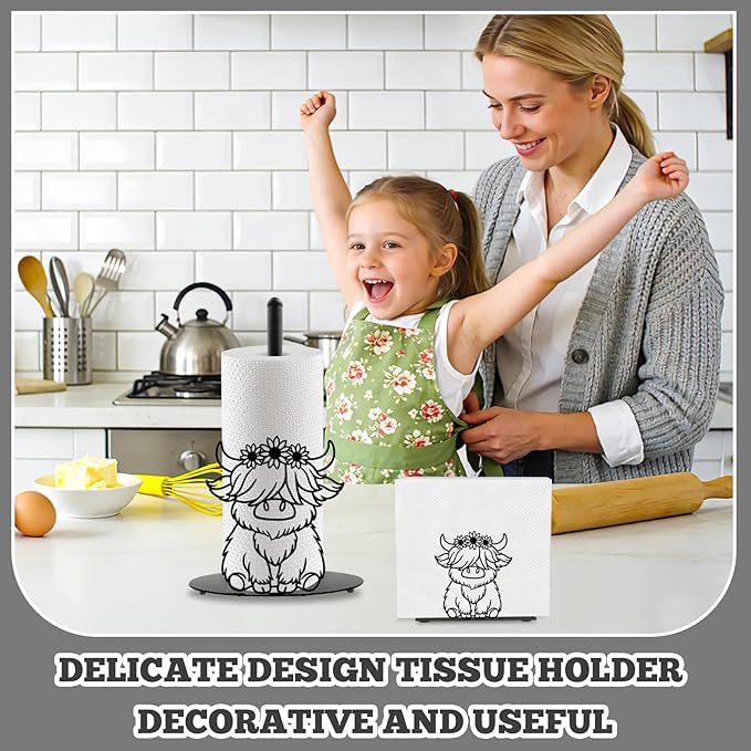 Highland Cow Paper Towel Holder Countertop Kitchen Decor Indoor with Round Base, Iron Rustic Highland Cow Napkin Holder Stand Accessories for Bathroom Kitchen Dining Farmhouse, 2 PCS