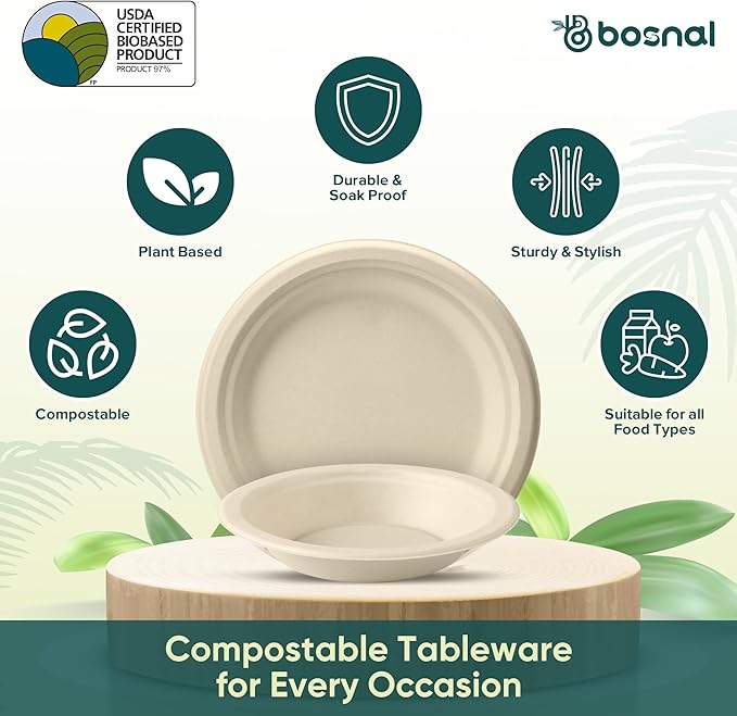 BOSNAL 10 Inch Round Plates with 16 oz Bowls – 25 Plates, 25 Bowls,100% Plant-Based Sugarcane Bagasse, Eco-Friendly Disposable Dinnerware for Hot & Cold Meals, Microwave Safe