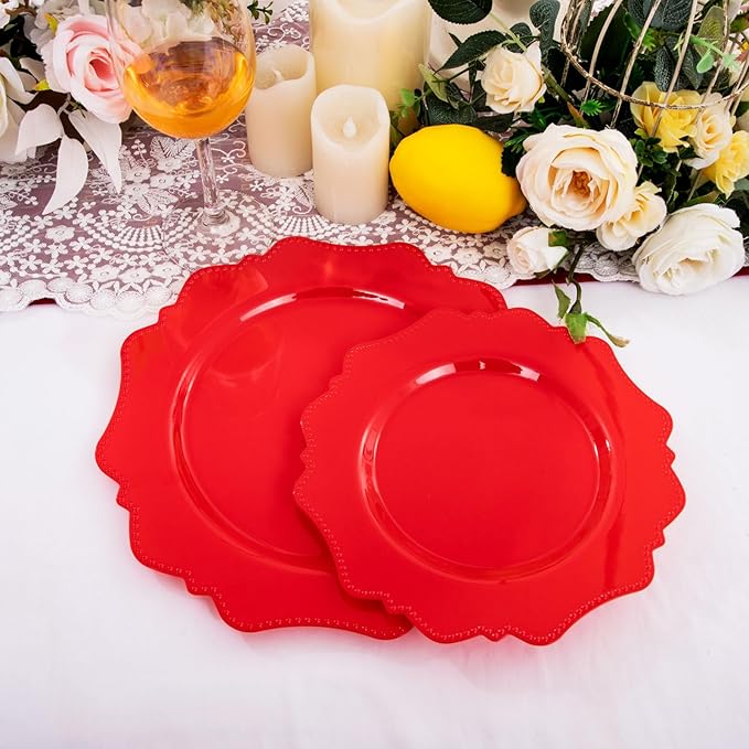 COLOSUS Disposable Plastic Plates 60Pcs, Christmas Red Plastic Party Plates, Heavy Duty 30 Dinner plate 10.5” and 30 Salad/Dessert Plate 8.25” for Christmas party dinner