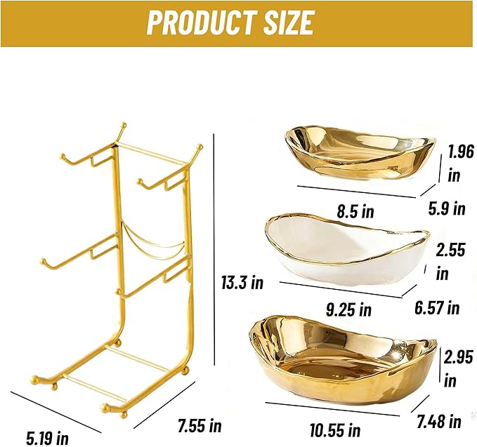 jessie 3 Tier Fruit Bowls for Kitchen Counter,Ceramic Large Fruit Basket Stand,Metal Fruit Serving Tray Snacks Nuts Cake Storage Holder (Gold 2)