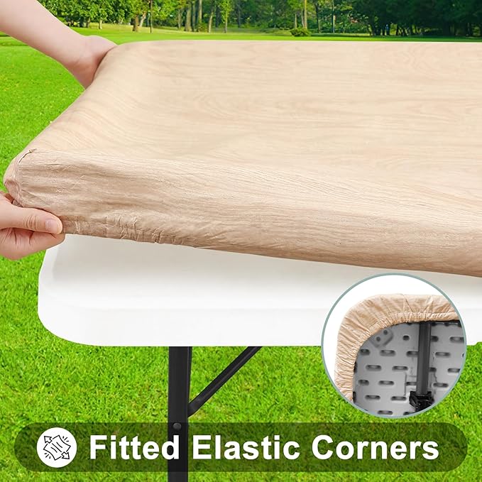 Smiry Rectangle Picnic Tablecloth, Waterproof Elastic Fitted Table Covers for 4 Foot Tables, Wipeable Flannel Backed Vinyl Tablecloths for Camping, Indoor, Outdoor (Beige, 30x48 Inches)