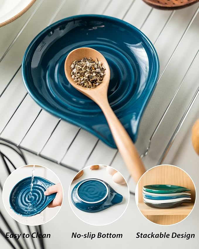 LAUCHUH Spoon Rest for Stove Top, Ceramic Spoon Holder for Kitchen Counter Large Spatula Holder for Spoons, Ladles, Tongs, Christmas Decor, Set of 2, 5 inch, Blue