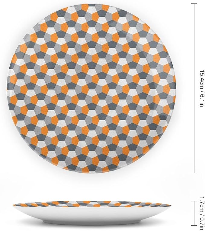 Decorative Plates, Abstract Print Ornament, Modern Style Mosaic Tile with Hexagonal Shapes, 8 Inch, Kitchen Wall Decor, Grey Charcoal Grey Orange